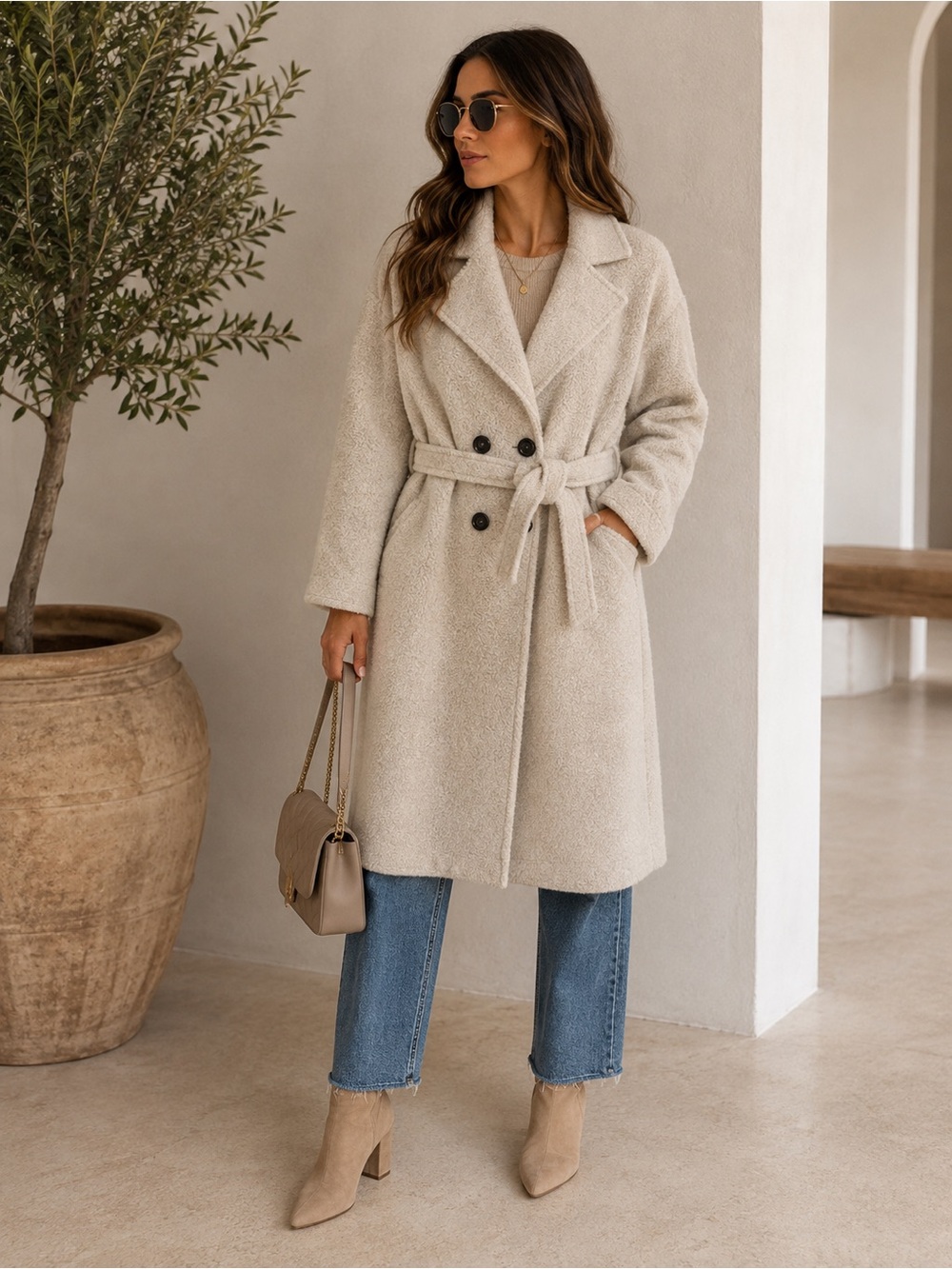 Made in France 🇫🇷 Cream Bouclé Belted Coat